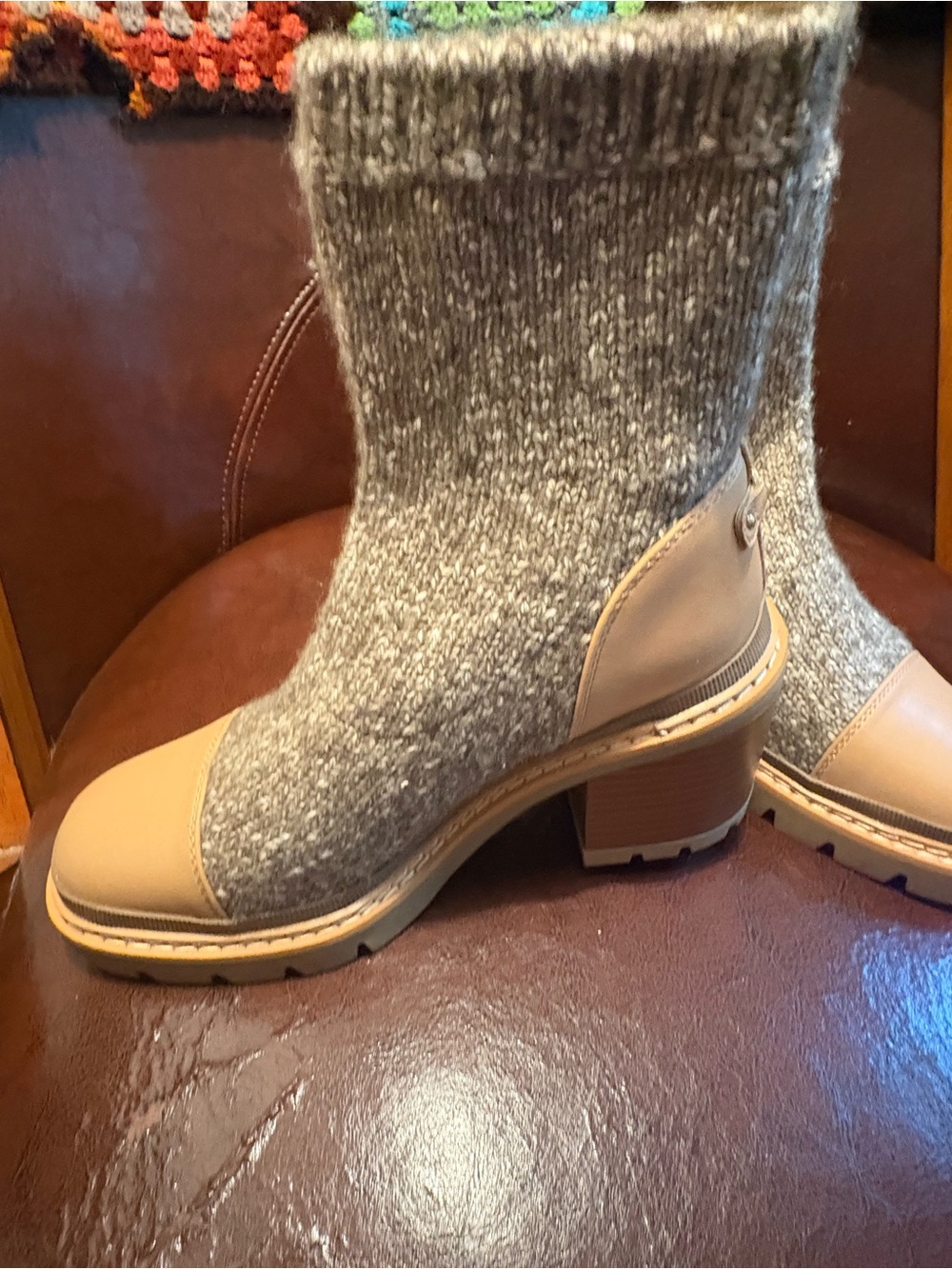 Sam Edelman Gray Knit and Tan Leather Block Heel Boots
